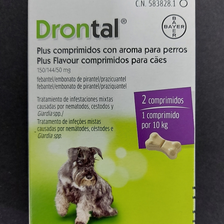DRONTAL PLUS 2 COMP. CON AROMA PARA PERROS. Medicamento sujeto a prescripción veterinaria. Requiere envío previo de receta veterinaria a info@farmaciaalmajano.com 